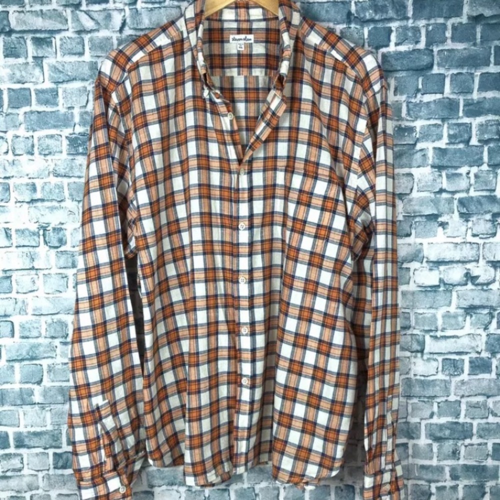 Steven Alan Mens Orange Plaid Check Linen Button